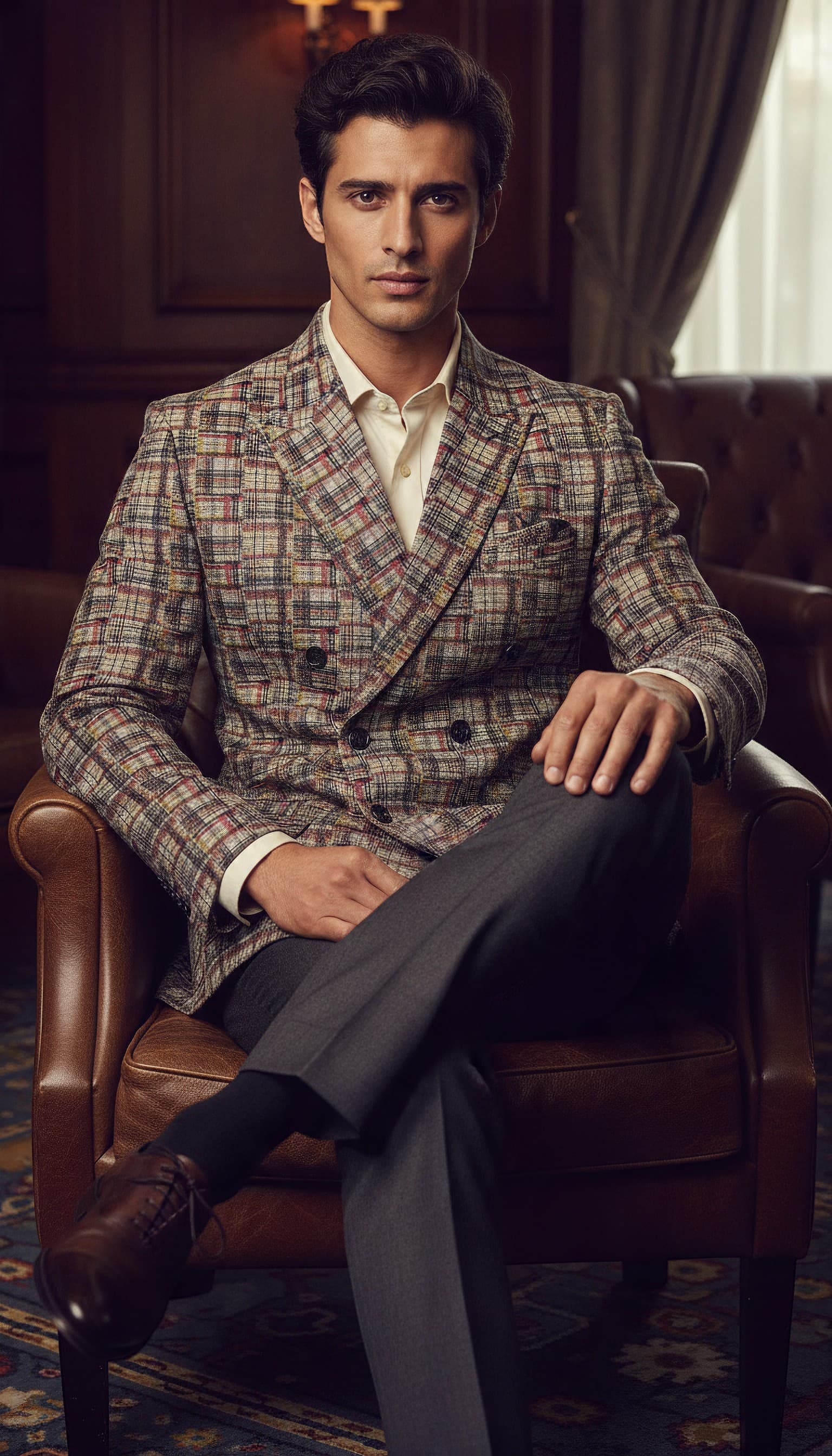 Premium Multicolour Check Double-Breasted Blazer in Multicolour