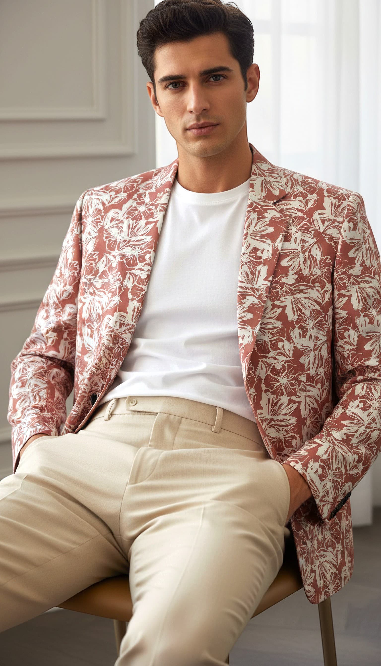 Rust Floral Print Blazer for Men in