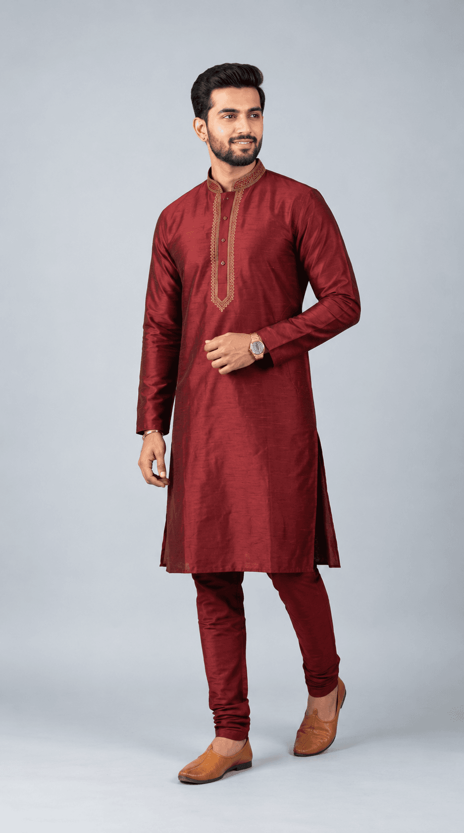 Maroon Silk Kurta Set in Maroon
